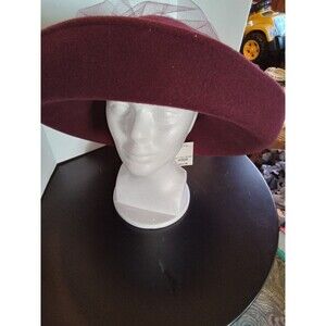 Miss Bierner Michael Howard Burgundy Wool Felt Wide Brim Veiled Feather Hat NWT